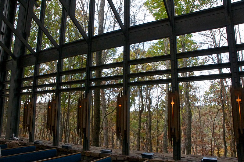 The hillside view from Thorncrown glass chapel in Arkansas